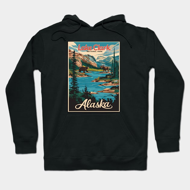 Lake Clark Alaska Predators Vintage Travel Poster Hoodie by Perspektiva